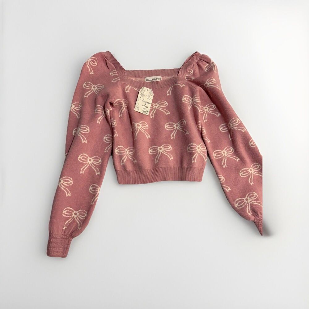 NWT Willow & Wind Pink Bow Sweater Womens Small Cropped Puff Sleeve Knit